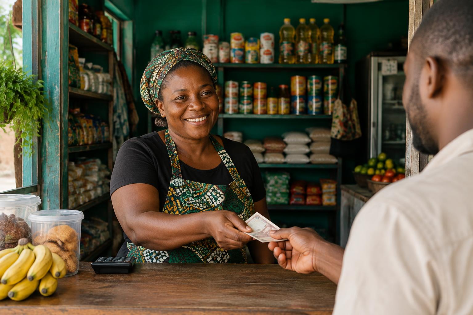 Comerciante angolana a receber o pagamento de um cliente no balcão da sua cantina